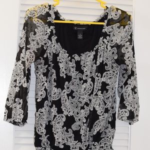 INC Black and White Floral Elastic Waisted Blouse